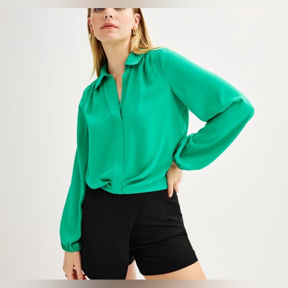Women Intempo Twist Front Crop Shirt Long Sleeve Preppy‎ NEW $40 Emerald Green